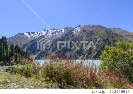 Beautiful mountain lake, forest and mountains. Big Almaty lake in summer time. Mountain landscape in Kazakhstan. Beautiful mountain lake, forest and mountains. Big Almaty lake in summer time. Mountain landscape in Kazakhstan. 118356655