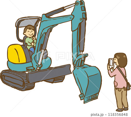 重機に乗って撮影する親子 重機に乗って撮影する親子 118356848