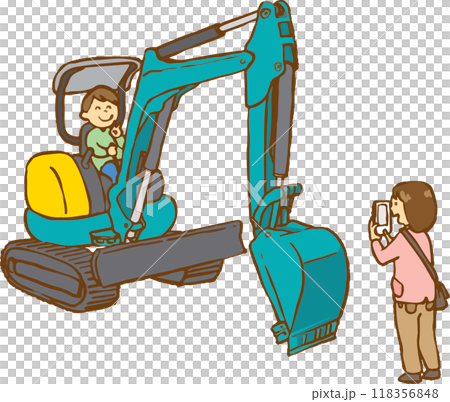 重機に乗って撮影する親子 重機に乗って撮影する親子 118356848