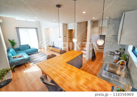 ペット同居型デザイナーズ住宅のお洒落なリビング 118356969