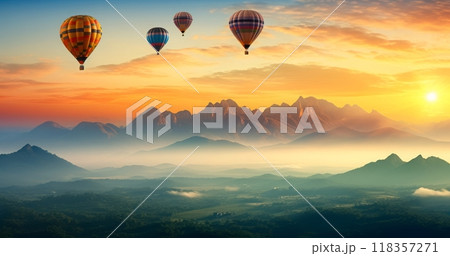 朝焼けに浮かぶ熱気球の旅 118357271