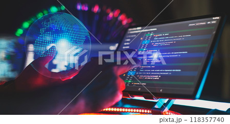 Computer monitor with abstract world map . Programming anywhere in the world Computer monitor with abstract world map . Programming anywhere in the world 118357740
