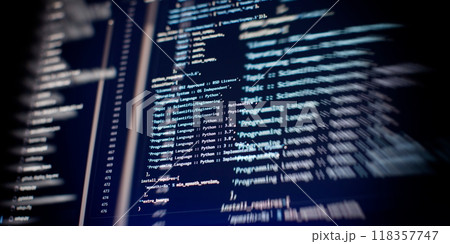 Coding script text on screen. Notebook closeup photo. Running Computer data programming. 118357747
