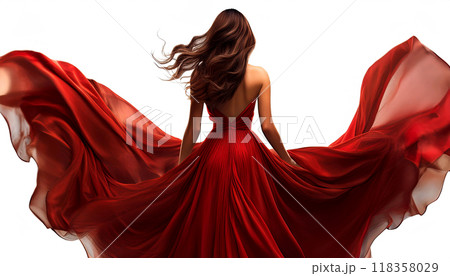 Back View of a Woman in Long Flying Red Dress Fluttering in Wind - Generative Ai Back View of a Woman in Long Flying Red Dress Fluttering in Wind - Generative Ai 118358029