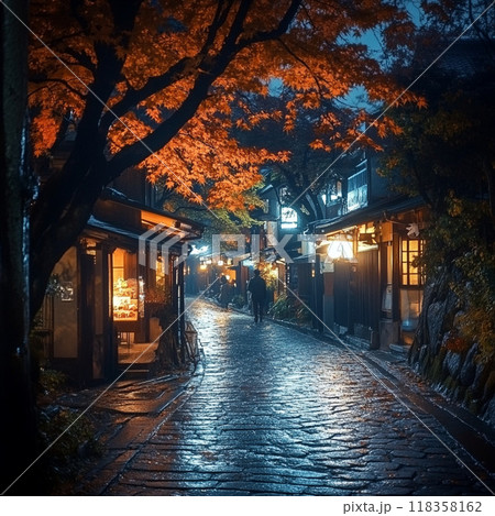 雨降る古都の街並みとライトアップされた紅葉 118358162