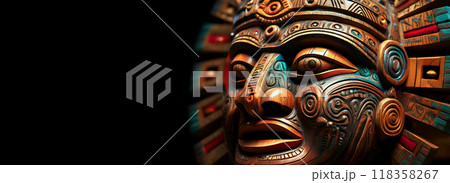 Closeup of a Wooden Multi Colored Ancient Mayan or Inca Mask - Generative Ai Closeup of a Wooden Multi Colored Ancient Mayan or Inca Mask - Generative Ai 118358267