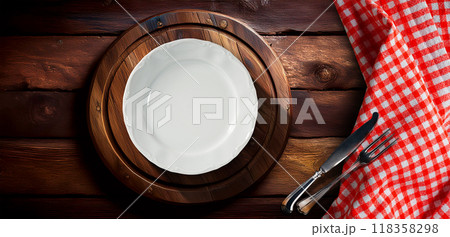 Empty Plate on Wooden Cutting Board with Silver Cutlery and Checkered Tablecloth - Generative Ai 118358298