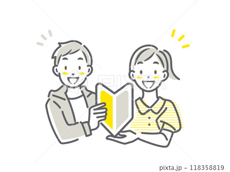 初めての挑戦をする学生の女性と男性　シンプルでお洒落な線画イラスト 118358819