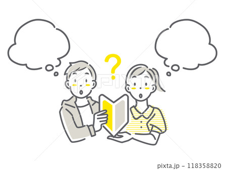 初めてのことに挑戦しようと考える学生の女性と男性　シンプルでお洒落な線画イラスト 118358820