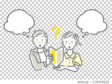 初めてのことに挑戦しようと考える学生の女性と男性　シンプルでお洒落な線画イラスト 118358820