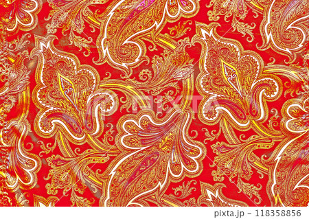 Red yellow fabric textile with bizarre leaves and flowers Red yellow fabric textile with bizarre leaves and flowers 118358856