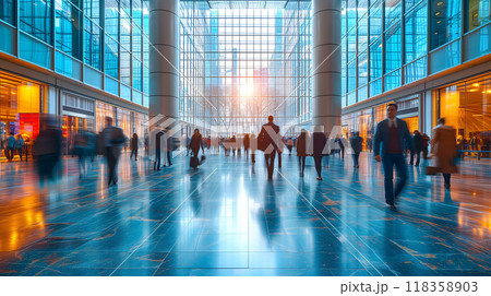 Many business people walking in bright office lobby fast moving with blurry. 118358903