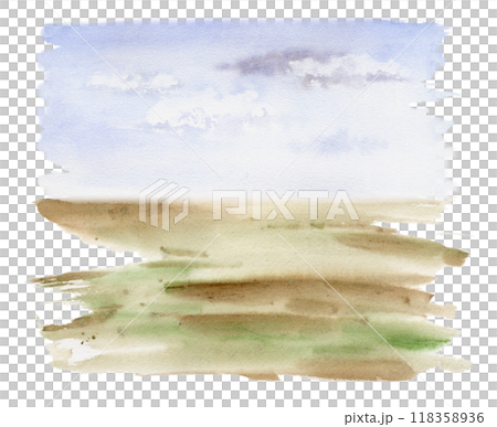 Scenery landscape hand drawn in watercolor, cloudy blue sky, green meadow field moorland pasture prairie grass land. Illustration for tourism, resort ads, hiking camping sites vacation, nature maps. 118358936