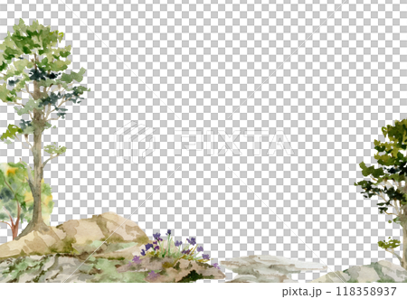 Scenery landscape of forest meadow grassland with bushes flowers, pine spruce tree alpine vista rocks hand drawn in watercolor. Horizontal frame for tourism, resort ads, hiking camping sites vacation. Scenery landscape of forest meadow grassland with bushes flowers, pine spruce tree alpine vista rocks hand drawn in watercolor. Horizontal frame for tourism, resort ads, hiking camping sites vacation. 118358937