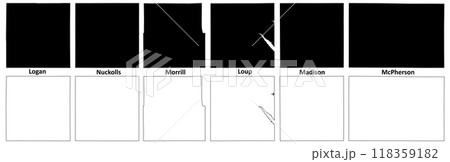 Loup, Logan, McPherson, Nuckolls, Morrill and Madison County, Nebraska (U.S. county, United States of America, USA, U.S., US) map vector illustration, scribble sketch map 118359182