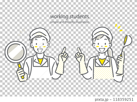 調理場で楽しくアルバイトをする若者 シンプルでお洒落な線画イラスト 調理場で楽しくアルバイトをする若者 シンプルでお洒落な線画イラスト 118359251