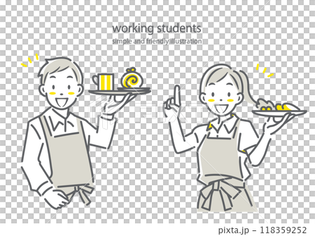 カフェで楽しくアルバイトをする若者　シンプルでお洒落な線画イラスト 118359252