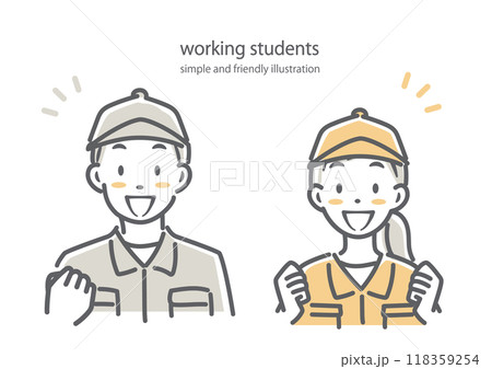 倉庫で楽しくアルバイトをする若者　シンプルでお洒落な線画イラスト 118359254