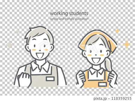 Young people happily working part-time at a store - simple and stylish line drawing illustration 118359255
