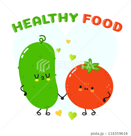 Cucumber and tomato card. Vector hand drawn doodle style cartoon character illustration icon design. Happy Cucumber and tomato friends concept card Cucumber and tomato card. Vector hand drawn doodle style cartoon character illustration icon design. Happy Cucumber and tomato friends concept card 118359616
