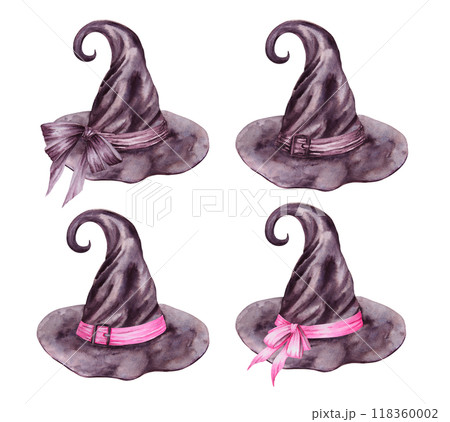 Black hat of witch, sorcerer, magician. Gothic vintage attribute of mysticism, magic, astrology. Symbol of Halloween, Sabbath, carnival, theme party. Watercolor hand drawn cut out and isolated clipart Black hat of witch, sorcerer, magician. Gothic vintage attribute of mysticism, magic, astrology. Symbol of Halloween, Sabbath, carnival, theme party. Watercolor hand drawn cut out and isolated clipart 118360002