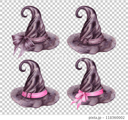 Black hat of witch, sorcerer, magician. Gothic vintage attribute of mysticism, magic, astrology. Symbol of Halloween, Sabbath, carnival, theme party. Watercolor hand drawn cut out and isolated clipart Black hat of witch, sorcerer, magician. Gothic vintage attribute of mysticism, magic, astrology. Symbol of Halloween, Sabbath, carnival, theme party. Watercolor hand drawn cut out and isolated clipart 118360002