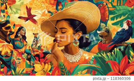 Women in colorful hats and traditional attire. The painting style is intricate and vivid. Concept of cultural diversity and celebration, Hispanic Heritage Month, celebrating culture. Women in colorful hats and traditional attire. The painting style is intricate and vivid. Concept of cultural diversity and celebration, Hispanic Heritage Month, celebrating culture. 118360306