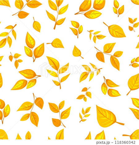 Seamless pattern of golden autumn leaves scattered on a white background. Colorful graphic style. Concept of fall season and nature beauty 118360342
