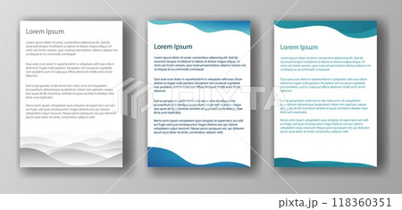 Three different document templates featuring wave designs at the top and bottom, each with Lorem Ipsum placeholder text. Set against a gray background. Concept of mockup and template 118360351