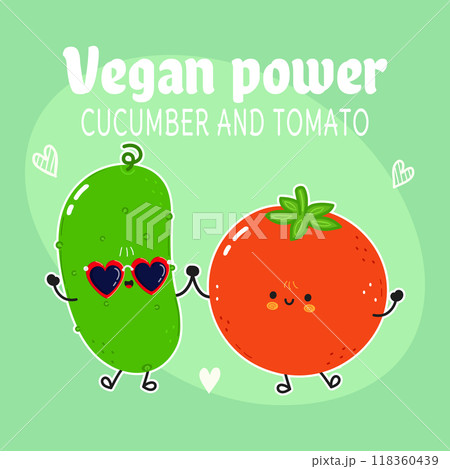 Cucumber and tomato card. Vector hand drawn doodle style cartoon character illustration icon design. Happy Cucumber and tomato friends concept card 118360439