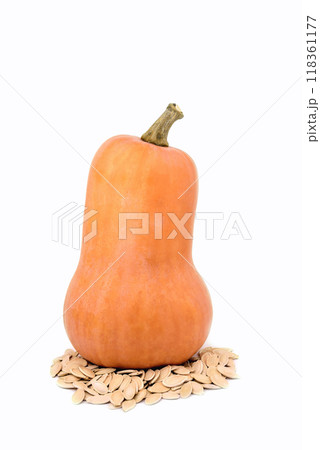 pumpkin, pumpkin seeds on white background, isolate, close-up 118361177