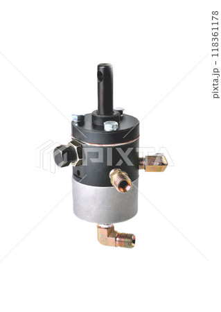 auto parts for trucks, crane controlling the lifting of a body or a cargo platform, close-up isolate on a white background auto parts for trucks, crane controlling the lifting of a body or a cargo platform, close-up isolate on a white background 118361178