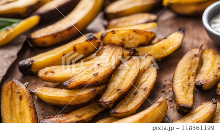 Crispy fried plantain bananas with a golden caramelized exterior and soft sweet interior. A delightful treat or side dish, perfect for adding a touch of tropical flavor. AI Generated 118361199