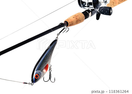 fishing rod, reel, wobbler, braided fishing line metal leash jerk, white background, close-up, place for inscription 118361264