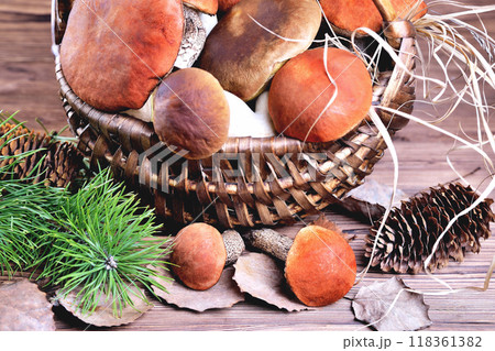 Edible mushrooms, porcini and boletus in a wicker basket on a natural wooden background  soft focus 118361382