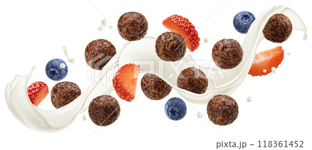 Flying chocolate corn balls with milk splash, blueberry and strawberry slices isolated on white background with clipping path 118361452