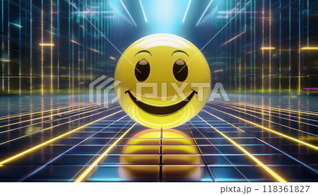 笑顔で喜んでいる絵文字。黄色に光る線でできたパースペクティブが強調されたサイバースペースの背景。 118361827