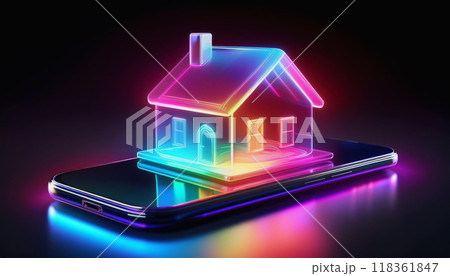 スマートホームやIOTのイメージ。虹色の光沢のある透明で立体的な家のアイコンがスマートフォンの上で光 118361847