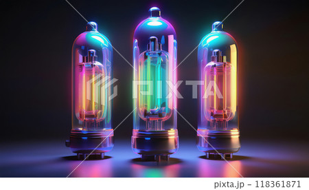 虹色に光る3つの真空管。暗く黒い背景。 虹色に光る3つの真空管。暗く黒い背景。 118361871