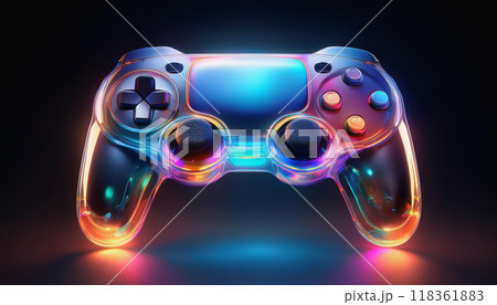 虹色の光沢のメタリックで立体的なゲーム機のコントローラー。暗く黒い背景。 118361883
