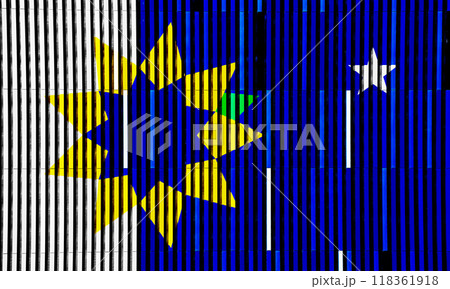 Flag of the city of Topeka, Kansas, USA, on a background of a striped wall. Conceptual collage 118361918