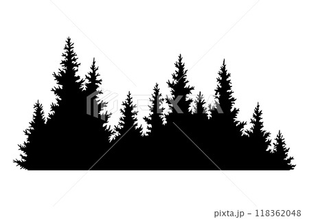 Fir trees silhouette. Coniferous spruce horizontal background pattern, black evergreen woods vector illustration. Beautiful hand drawn panorama of coniferous forest 118362048