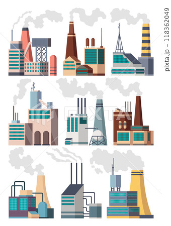 Icon set of industrial factory. Manufactory industrial buildings refinery factorys or nuclear power stations. Complex of chemical plants buildings isolated on white background Icon set of industrial factory. Manufactory industrial buildings refinery factorys or nuclear power stations. Complex of chemical plants buildings isolated on white background 118362049