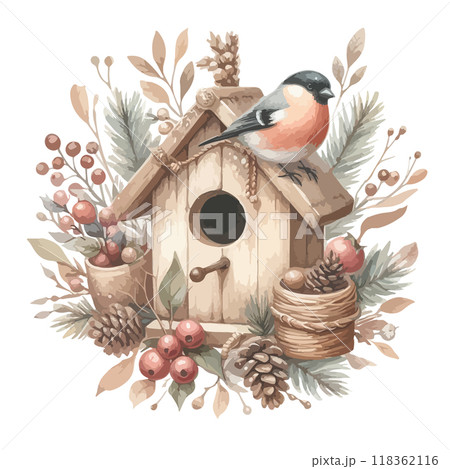 Watercolor birdhouse with bullfinch winter illustration. 118362116