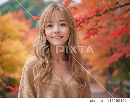 秋の紅葉の風景と笑顔の若い女性 118362161