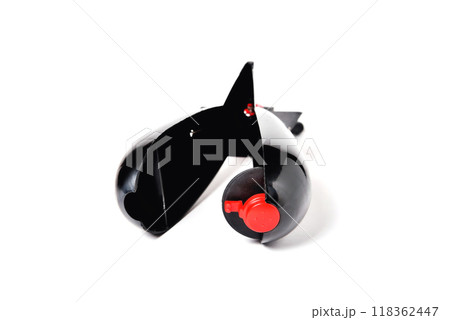 black fishing feeder rocket for feeder fishing white background close-up 118362447