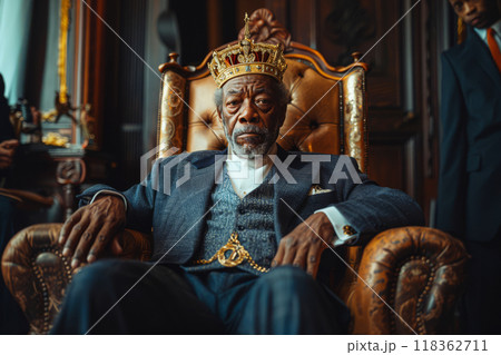 Stately black businessman in a golden crown exudes authority from his majestic throne-like chair amidst a lavish office setting 118362711