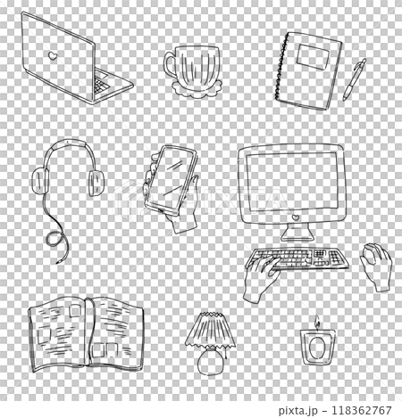適用於辦公桌、電腦、工作、智慧型手機的簡單線條繪圖圖示集 118362767