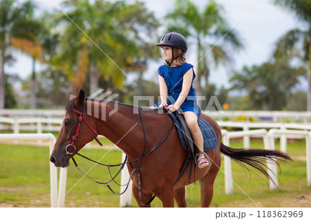 Kids ride horse. Child on pony. Horseback riding. Kids ride horse. Child on pony. Horseback riding. 118362969
