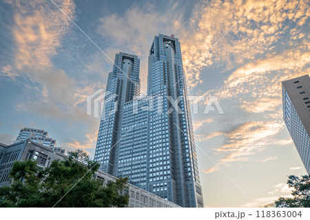 「東京都」夕焼け空と新宿新都心のビル群 118363004